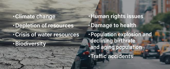Climate change, Depletion of resources, Crisis of water resources, Biodiversity, Human rights issues, Damage to health, Population explosion and declining birthrate and aging population, Traffic accidents